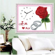 精准印花十字绣珍爱一生红色蓝玫瑰花客厅卧室，挂钟表客厅图