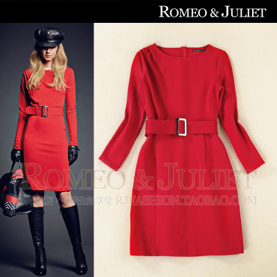 【欧洲站】2014秋装女装新款 简约修身长袖系带罗马棉连衣裙 红色