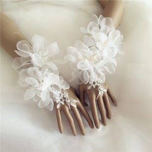 凯蒂婚饰白色婚纱手套绑带立体花朵浪漫仙美短款蕾丝沟指手套
