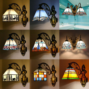 东南亚彩色玻璃过道床头灯，地中海餐厅酒吧壁灯镜柜双头卫浴镜前灯
