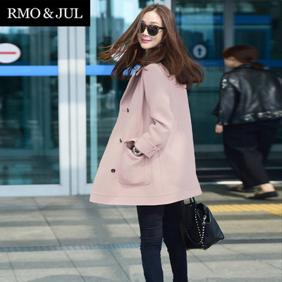 【罗家精品】2014秋冬女装新款气质双排扣中长款毛料粉色西装外套