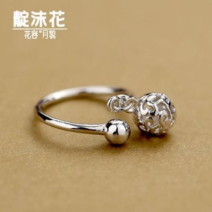 s925银吊坠小球戒指，复古镂空花纹指环，甜美气质食指戒子尾戒饰品女