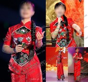 2023红色民族风旗袍领裤子，短袖绣花歌唱比赛舞台，演出礼服女