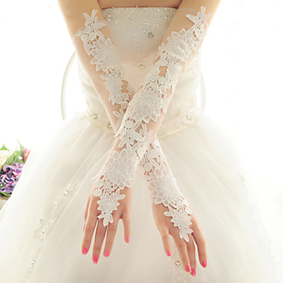 新娘手套蕾丝红白色结婚手套新娘，婚纱婚礼手套，秋冬季加长绒款手套