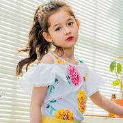 女童短袖韩国童装C.L夏季女中大童女孩洋气淑女印花露肩T恤