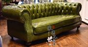 美式复古皮艺拉扣三人沙发，欧式新古典(新古典)绿色皮沙发法式客厅沙发