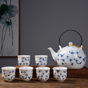 提梁壶陶瓷手工青花茶具套装，耐热茶壶茶杯配过滤网，铁提手水壶