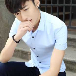 夏季流行男装短袖衬衫青年，时尚潮寸衫，修身款韩版纯色衬衣