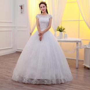 2019韩式大码婚纱礼服新娘齐地修身一字肩结婚婚纱蕾丝双肩