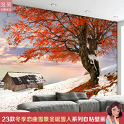 3d立体墙贴壁画贴纸壁纸自粘墙纸冬季雪景，圣诞雪人客厅贴画背景墙