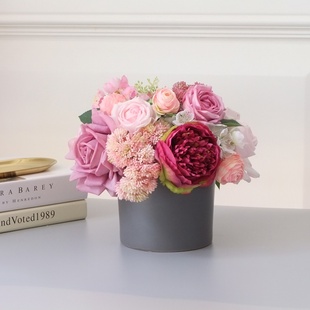 花盟玫瑰牡丹仿真花艺，组合套装假花绢花灰色，陶瓷花瓶样板房摆件