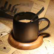 欧式咖啡厅磨砂马克杯，带勺黑色咖啡杯配底座创意，简约陶瓷水杯子