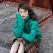 绿色外穿毛衣女2020宽松韩版复古中长款加厚高领镂空套头长袖