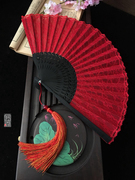 中国风COS大红色扇子蕾丝扇日式折扇子女士舞蹈扇古典古风折叠夏
