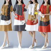 2023夏季韩版民族风女装，大码宽松短袖，拼接中长款亚棉麻连衣裙