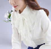 韩版春秋半高领淑女士，打底衫长袖衬衫，雪纺荷叶花边职业大码