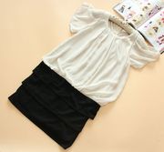 日本原单雪纺拼接针织下摆层层蛋糕设计米黑拼接连衣裙