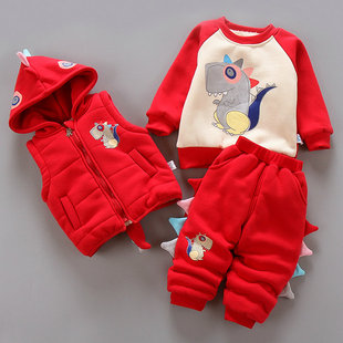 童装男女宝宝秋冬装加绒加厚卫衣套装1-2-3岁小童，冬季棉衣三件套