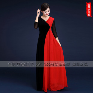 夏季红歌黑红礼服长裙金丝绒中老年演出服合唱指挥服可定制