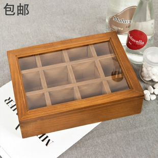 zakka复古实木首饰盒，木质饰品文玩格子收纳盒，12格玻璃盖木盒子