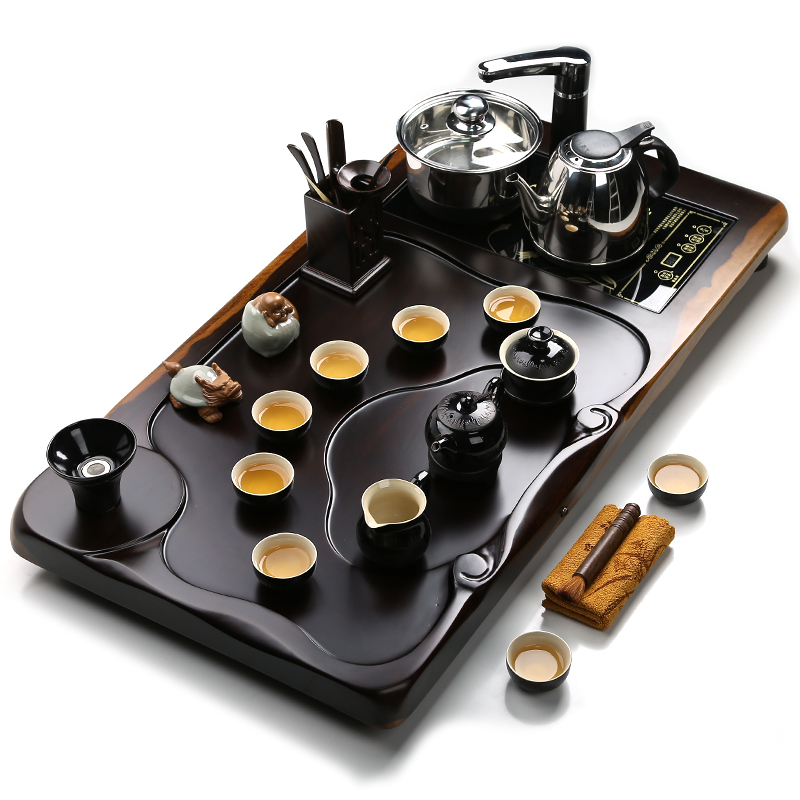 墨彩茶具电磁茶炉四合一套装黑檀木实木L茶盘整套陶瓷功夫茶