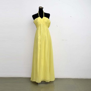 九九新礼服黄色挂脖褶皱创意演出拍照齐地款礼服腰围2尺2HH491