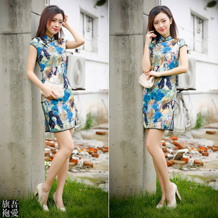 民族风日常时尚改良旗袍裙夏装中式文艺复古连衣裙短款低开叉