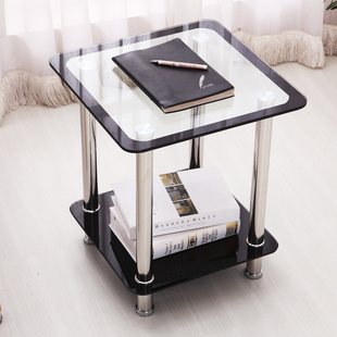 简易钢化玻璃边几床边桌不锈钢小茶几正方形小方桌简约喝茶桌现代