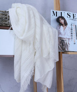 秋冬纯色日系镂空流苏针织白色纯羊绒围巾女冬季文艺条纹披肩