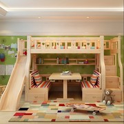实木子母床多功能书桌床，高低床儿童双层床，梯柜上下铺床带滑梯床