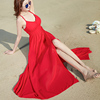 大红色吊带连衣裙女夏巴厘岛波，西米亚海边度假沙滩裙露背开叉长裙