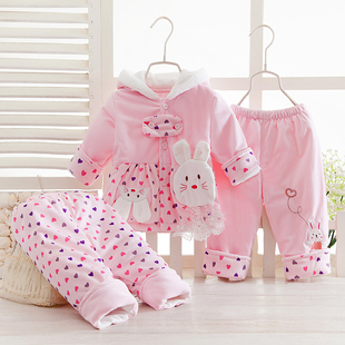 春季婴儿薄棉衣三件套女宝宝夹衣外出服新生儿衣服纯棉0-1岁