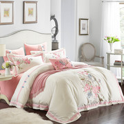 品中式床品纯棉四件套白色粉色床单式4件套刺绣被套结婚庆床上促