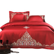 欧式贡缎大红色婚庆四件套全棉刺绣新婚庆床上用品结婚六件套床品