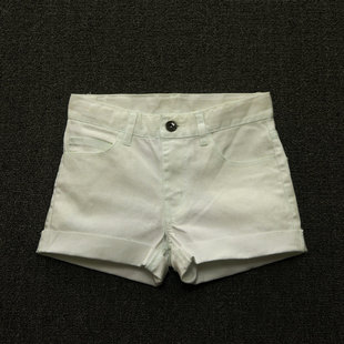 夏季薄款纯白色女童牛仔短裤，大红色卷边毛边热裤美国外贸单