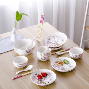 碗碟套装可爱卡通盘子碗具家用饭碗日式餐具陶瓷碗盘碗筷可微波炉