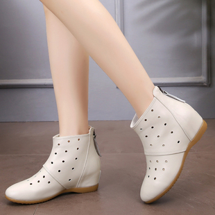 2024女靴春夏单靴子(单靴子，)镂空洞洞真皮，平底内增高短靴坡跟大码女鞋