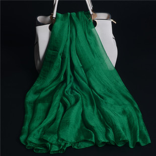 上海品牌时尚桑蚕丝纯色百搭长款雪花皱顺滑真丝丝巾女披肩草绿色