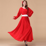 波西米亚沙滩裙长袖连衣裙，女夏海边度假裙大码红色宽松长裙