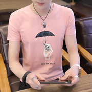 夏季男式短袖t恤圆领男子，粉色印花体恤，男半截袖t桖潮男生小衫