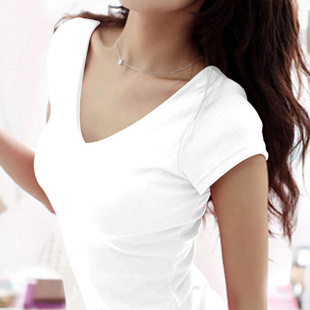 纯白色t恤女短袖夏季纯棉显瘦打底衫韩版体恤，修身紧身纯色v领