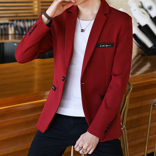 西装男士外套秋季青年韩版学生，帅气单上衣(单上衣)红色，小西装男休闲西服潮