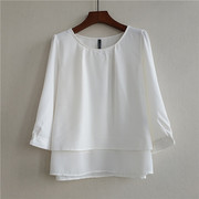 FF3-2小清新七分袖纯色女上衣双层雪纺拼接圆领衬衫0.21
