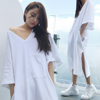 韩版中袖v领可外穿春季白色睡裙