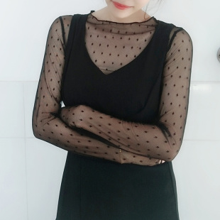 韩版透明网纱打底衫女蕾丝罩衫性感镂空薄纱波点内搭上衣长袖