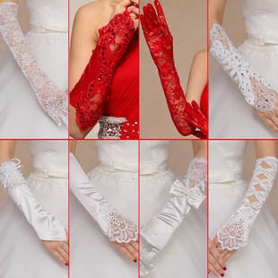 新娘韩式结婚纱手套长款蕾丝露指纱白色红色短表演出礼服水钻性感