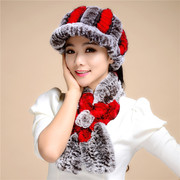 秋冬季獭兔毛皮草帽子，围巾女士套装，冬天保暖空顶帽围脖两件套