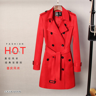 春秋季韩版英伦时尚气质大红风衣女中长款修身显瘦双排扣外套