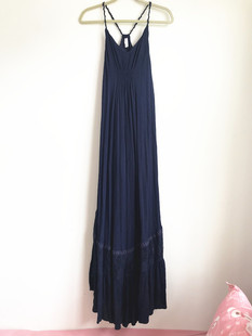 深蓝出口欧美外贸原单夏季女士蕾丝镂空吊带连衣裙大摆型拖地长裙