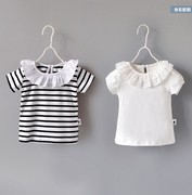 夏装女宝宝短袖t恤棉荷叶，领纯色打底衫1岁婴儿2-8岁翻领上衣